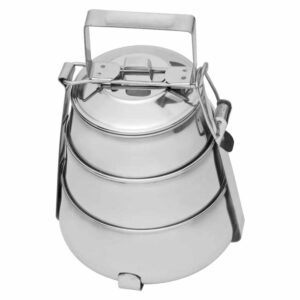 Stainless steel pyramid-shaped tiffin carrier with 3 compartments.