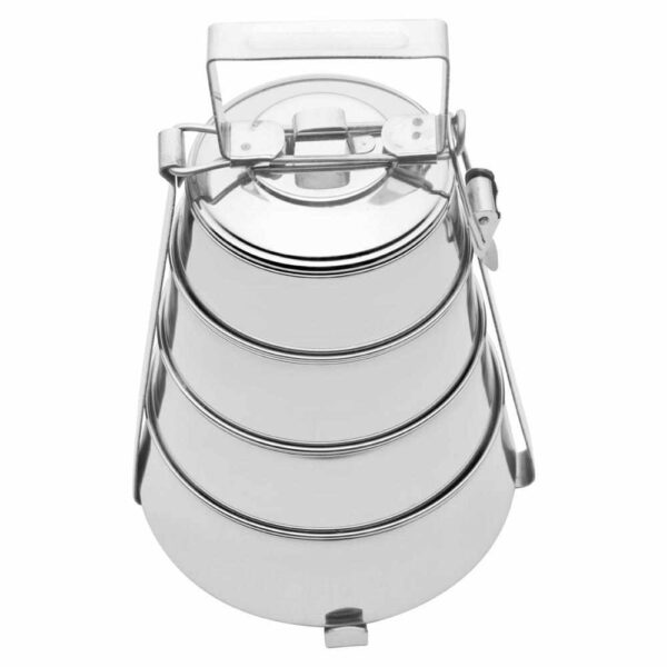 Stainless steel tiffin carrier with 4 stackable compartments.