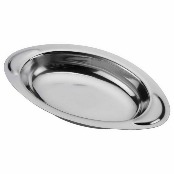 Stainless steel oval dish, ideal for serving curry, size No. 1.