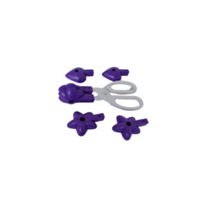 A set of cake pop shapers with a pair of white plastic scissors and multiple purple mold attachments in various shapes, including a heart and a flower, arranged on a white background.