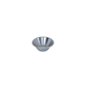 Aluminum muffin mold, 2.5 inches in diameter, featuring a round, cup-shaped design suitable for baking muffins or cupcakes.