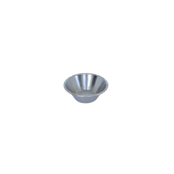 Aluminum muffin mold, 2.5 inches in diameter, featuring a round, cup-shaped design suitable for baking muffins or cupcakes.