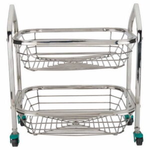 Fruit trolley with stainless steel construction and two steps.