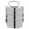 Stainless steel tiffin box with three-tiered compartments.