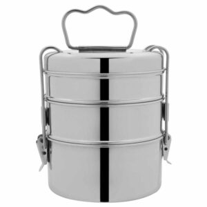 Stainless steel tiffin box with three-tiered compartments.