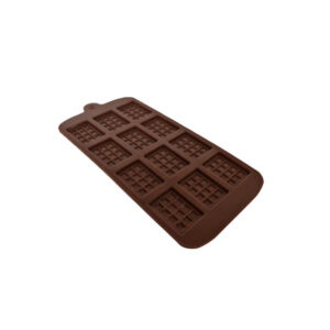 Silicone chocolate mold with various cavities for shaping and creating chocolate treats.