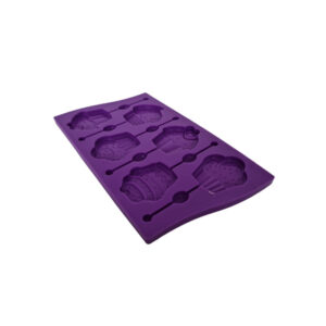 Silicone lollipop mold with multiple cavities for shaping lollipops.