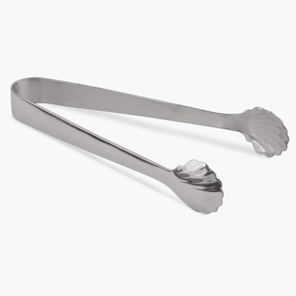 Stainless steel ice tongs, used for serving ice cubes.