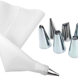 Icing bag set with six different nozzles for decorating cakes and pastries. Includes a reusable icing bag and a variety of nozzle tips for various piping designs and techniques.