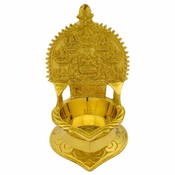 A medium-sized brass Astalakshmi vilakku (lamp) featuring multiple goddess Lakshmi figurines, intricately designed.