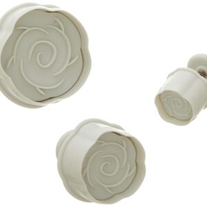 Plunger cutter in the shape of a rose, used for fondant decoration.