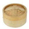 Large bamboo steamer basket with lid, traditional Asian cooking utensil.