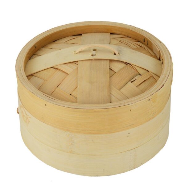 Large bamboo steamer basket with lid, traditional Asian cooking utensil.