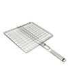 Portable stainless steel grill, 12 inches by 12 inches, featuring a handle.