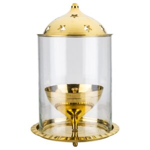 Brass lamp with intricate detailing, medium size.