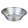 An aluminum strainer with fine mesh and handle, used for kitchen cooking tasks.