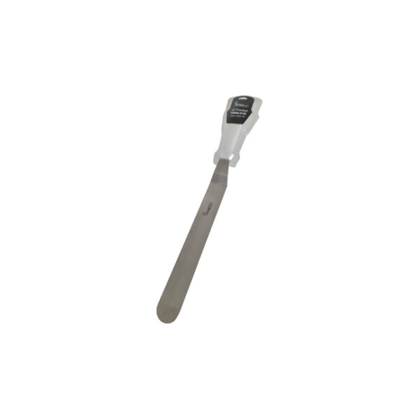 Stainless steel 14-inch bent palette knife with a white handle and rounded blade tip.