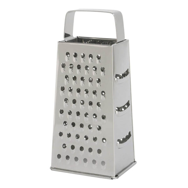 Stainless steel 4-in-1 grater and slicer, versatile kitchen tool.