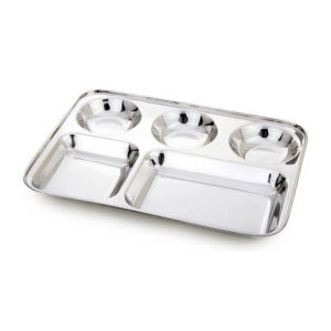 Stainless steel 5-in-1 compartment plates, versatile serving dishes with segmented sections.