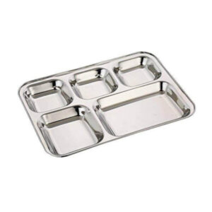 Stainless steel 5-in-1 square plate, versatile serving dish with segmented compartments.