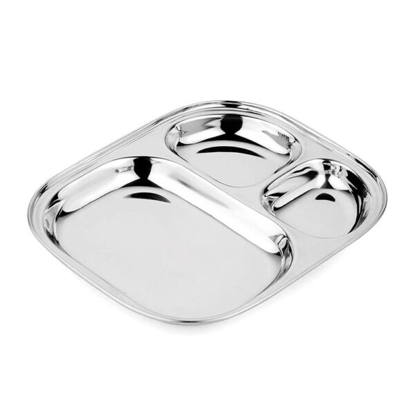 Stainless steel 3-in-1 mini plate, compact and versatile serving dish.