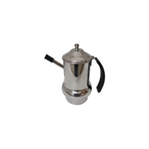 A shiny stainless steel oil pot with a spout and handle, isolated on a white background.