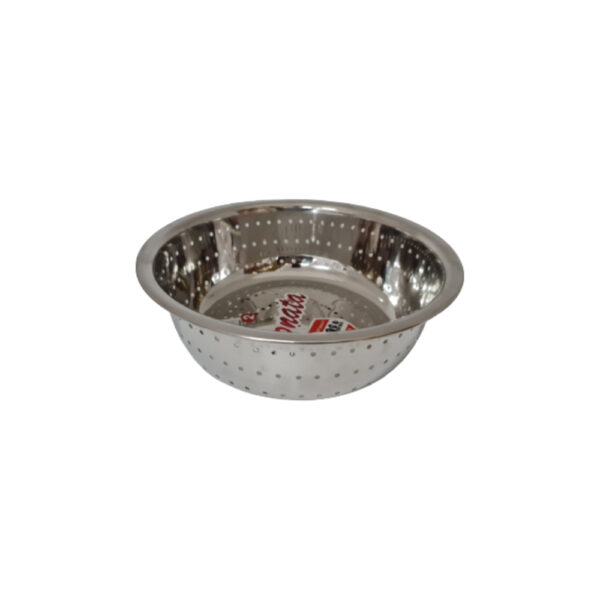 Large stainless steel vegetable strainer, designed for rinsing and draining vegetables.