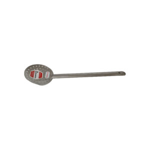 Stainless steel slotted spoon, designed for straining and serving foods.