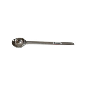 Stainless steel ladle, designed for scooping and serving liquids or sauces.