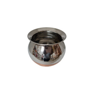 An 5-inch stainless steel kunda with a copper bottom, suitable for cooking or serving food.