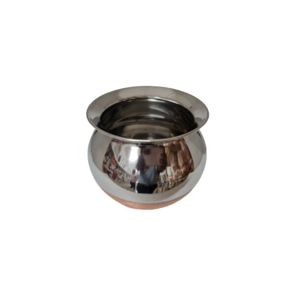 An 5-inch stainless steel kunda with a copper bottom, suitable for cooking or serving food.