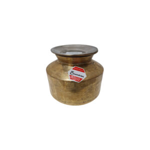 Large Brass Pongal Pot, traditional Indian cooking vessel with handles and a lid.