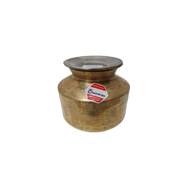 Large Brass Pongal Pot, traditional Indian cooking vessel with handles and a lid.