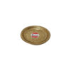 Brass plate, circular with intricate designs, reflecting light.