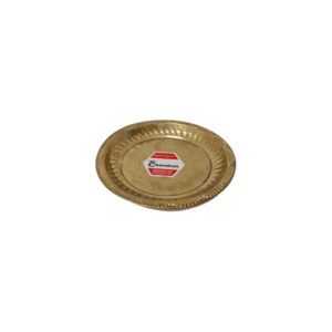 Brass plate, circular with intricate designs, reflecting light.