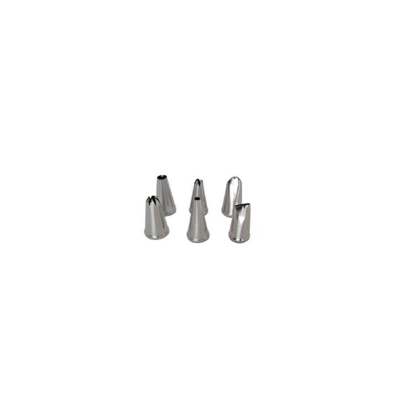 Stainless steel nozzle set with 6 pieces, featuring different tips for various piping and decorating needs.