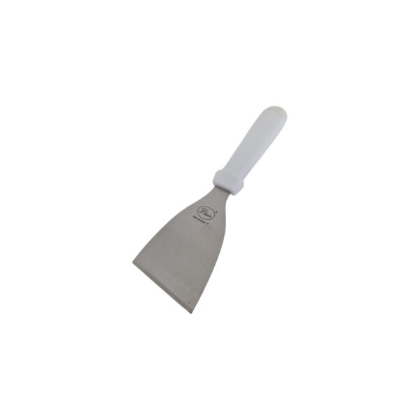 A 3-inch stainless steel scraper with a flat, rectangular blade and a sturdy handle, designed for scraping and cleaning surfaces or transferring ingredients.