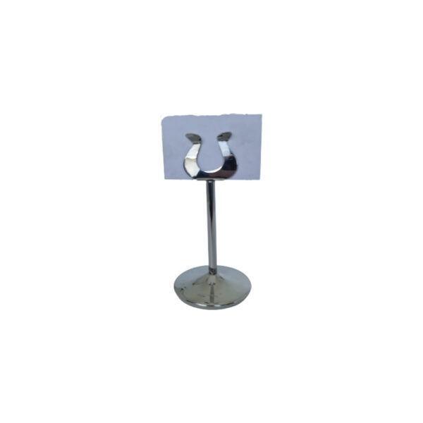 Stainless steel menu card holder, sleek design for displaying restaurant menus.