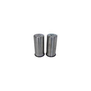 Stainless steel pepper and salt shaker set, sleek design with clear glass bodies.