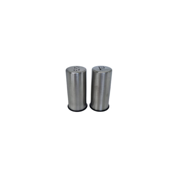 Stainless steel pepper and salt shaker set, sleek design with clear glass bodies.