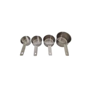 Set of stainless steel measuring cups in various sizes, each with a long handle and a spout for easy pouring.