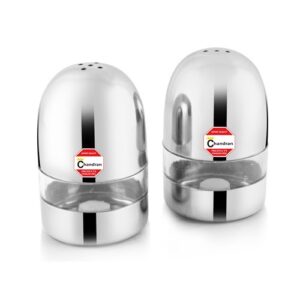 Round stainless steel pepper and salt shakers, modern kitchen essentials.