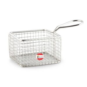 A small square stainless steel fry basket, ideal for frying small portions of food.