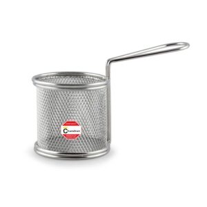 A small round stainless steel fry basket, ideal for frying small portions of food.