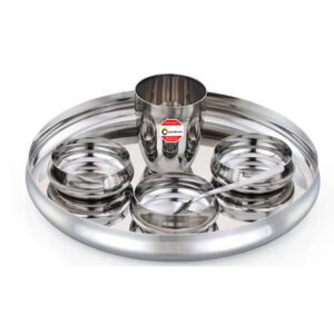 A set of stainless steel Belly Thali plates with a distinctive rounded design, ideal for serving traditional meals.