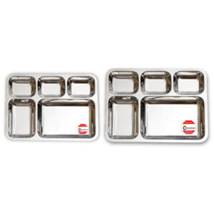 Stainless steel tiffin carrier with five stackable compartments for storing and transporting food.