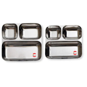 Stainless steel tiffin carrier with three stackable compartments for storing and transporting food.