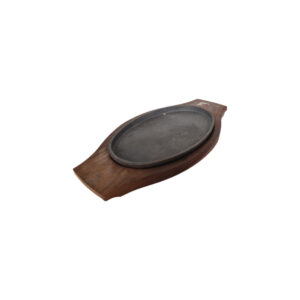 An oversized oval wooden sizzler plate with a polished surface and a hot iron platter inset, designed for serving large portions of sizzling dishes.