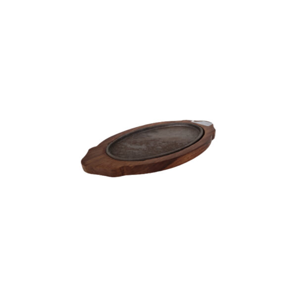 Small oval wooden sizzler plate with a polished surface and a hot iron platter inset, ideal for serving sizzling dishes.