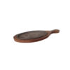 An oval wooden sizzler plate with a polished surface and a hot iron platter inset, designed for serving sizzling dishes.